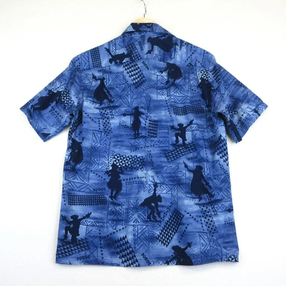 Malihini Vintage Hawaiian Shirt Mens M Blue Hula Dancer Tribal Print Aloha Camp‎